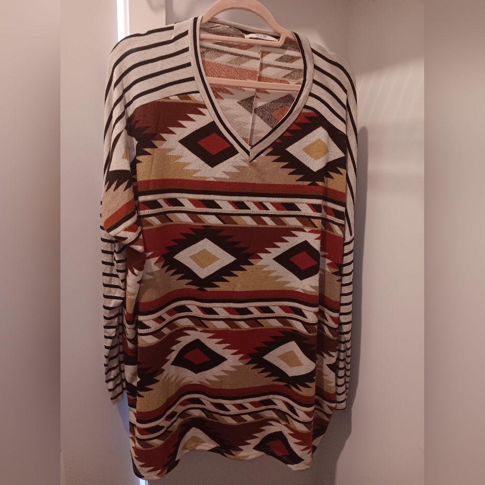 Jane By Jane Tribal Print Oversized Aztec Striped Top Sz XL - Picture 4 of 6